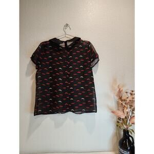 Vivienne Tam Sheer‎ Fox Print Blouse Black Red Peter Pan Collar Size L